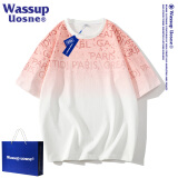 WASSUP UOSNE官方潮牌渐变色短袖t恤男士夏季休闲宽松五分袖潮流印花半袖上衣 白粉色 M