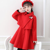 纯贝兔（CHUNBEITU）童装女童套装连衣裙秋冬季儿童背心裙拜年服小女孩毛呢外套三件套 红色 披肩+背心裙+帽子 120 建议身高115cm左右