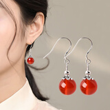 灵菲红玛瑙转运珠耳坠银耳钩女生中长款马年本命年 耳坠生日礼物证书