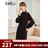 betu百图女装网纱拼接小高领木耳边灯笼袖针织连衣裙女2110T69 黑色 XS