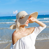 听风说沙滩帽子女夏海边凉帽太阳帽遮阳帽女士夏季防晒草帽 原色装饰米色 均码