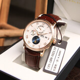 罗宾尼【品质严选】手表男士全自动机械表休闲超薄防水品牌腕表商务皮带 玫壳-白面皮带款
