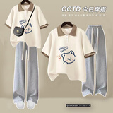 嘉绸青少女生中大童女孩衣服12到15岁夏天夏季套装青少年初中生女装凉 杏色T恤+灰色库 160 【建议86-105斤