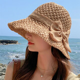 慕瑾繁饰花朵草帽女夏防晒凉帽子大帽檐沿遮阳帽折叠小清新太阳帽海边沙滩 布料蝴蝶结卡其 【防风绳】内有调节系带