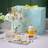 心饰园茶花仙子骨瓷咖啡杯套装咖啡杯子欧式陶瓷杯碟创意英式下午茶杯 茶花6杯碟+花茶壶 礼盒装+金鸟架 心饰园