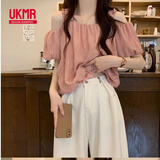 UKMR法式一字肩吊带短袖衬衫女夏季设计感小众宽松显瘦露肩泡泡袖上衣 粉色 M 100-110斤