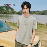 三福2025夏季新款短袖t恤男女圆领纯色上衣情侣款白色休闲打底衫 圆领-杏色 L