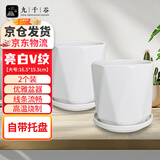 九千谷陶瓷花盆带托盘家用阳台绿植蝴蝶兰花多肉盆V纹亮白大号2个装3710