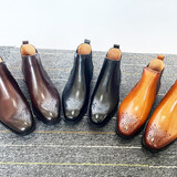 SATON 男士英伦雕花布洛克切尔西靴短靴欧美头层牛皮中高帮男鞋机车中帮靴复古马丁靴商务手工男靴 黑色 41