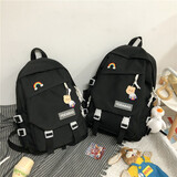 酷咖书包女生初高中大学生双肩背包小学生韩版简约帆布可爱大容量 黑色大号（带鸭子挂件+带徽章）