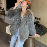 傲列2024秋冬轻奢品质貉子毛双面编织皮草女中长减龄狐狸毛毛外套大衣 深灰色 均码