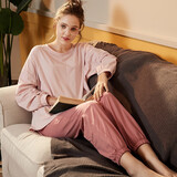 安之伴睡衣女纯棉春秋季长袖女士睡裤居家服两件套装可外穿 豆沙 L