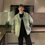 沐发美式复古水洗牛仔夹克男春秋小众设计感拉链上衣高街潮牌宽松外套 怀旧色 L 推荐115-135