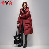 雅鹿品牌长款羽绒服女长过膝新款冬季加厚保暖时尚宽松鸭绒连帽外套 红色 L （推荐150-175斤）