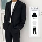 猎堰西装整套男青少年高中生大学生男毕业答辩正装休闲面试西服套装夏 西服+纯白短袖T恤+黑西裤【3件套 4XL 【160~180斤】