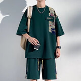 百鹊亭短裤男2026夏季新款潮牌痞帅刺绣休闲短裤男宽松直筒运动五分裤子 上衣+短裤【绿色 2件装】 XL