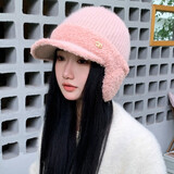 纳斯迪伦鲨鱼帽子女秋冬季钻标兔毛护耳鸭舌毛线帽骑行冬天户外保暖棉针织帽 浅粉色-帽子围脖套装 均码