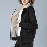 清雅若兰加绒加厚卫衣女连帽冬季拉链开衫宽松休闲仿羊羔一体绒纯棉短外套 黑色 2XL