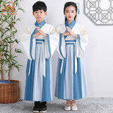 奥蒙威新款古装儿童汉服国学服男女童诗朗诵幼儿国舞台中秋演出服KJ-9 KJ-9湖蓝拼接广袖 140