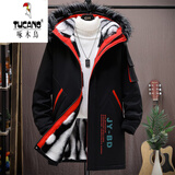 啄木鸟（TUCANO）高档羽棉绒服男中长款冬季2025新款保暖派克服冬装棉上衣加绒外套 911黑红色【升级人造棉款加绒款】 XL