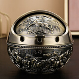 烟灰缸欧式复古家用客厅金属网红潮流创意个性办公室防飞灰带盖 青铜马到成功（加大号）带灭烟槽