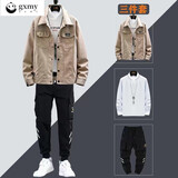 gxmy牛仔外套男春秋季新款潮流休闲运动夹克套装男一套搭配衣服男装潮 2801卡其+百搭白T+Y11裤 XL 【120-140斤】