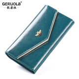 歌若拉钱包女士长款多卡位真皮手拿包女式零钱包手包大容量皮夹2025新款 孔雀蓝