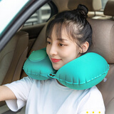 迪加伦 舒适按压充气U型枕 出差旅行便携护颈枕午睡头枕飞机高铁汽车 绿