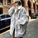 宾迪肯（BINDIKEN）美式复古外套男秋冬季羊羔毛棉服加绒加厚小香风宽松格子棉衣潮牌 M199白色（羊羔毛加厚） XL （145-160斤）