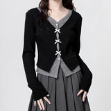 妙奕嘉假两件轻薄针织衫打底衫女秋冬大衣内搭可外穿修身长袖上衣显瘦 假两件黑灰撞色V领蝴蝶结针织衫 L 【建议109-120斤】