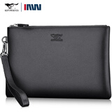 七匹狼男士手包真皮手拿包手腕带超薄款手抓包纯头层牛皮夹包信封包软皮 黑色