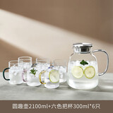 青苹果（QINGPINGGUO）家用耐高温冷水壶大容量玻璃凉水壶冷泡茶壶白开水杯装水扎壶套装 圆趣壶2100ML+六色杯