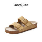 Devo Life的沃软木拖鞋男女同款情侣绒面夏季勃肯鞋一字凉鞋休闲拖鞋2618 浅米黄反绒牛皮 37 （建议拍小一码）