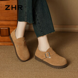 ZHR勃肯鞋女真牛皮通勤一脚蹬鞋子女休闲百搭单鞋女 AB55 驼色 38 