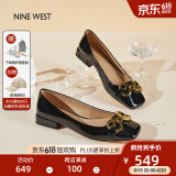 NINE WEST/玖熙低跟单鞋牛漆皮浅口方头金属饰扣工作女鞋NF445006FK 黑色38