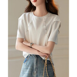 德玛纳【基础款多季好搭】夏简约风圆领空气层t恤女泡泡袖弹力女式t恤