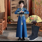 喵驼儿童汉服男童汉服男童唐装古装儿童汉服男中国风儿童少爷学生汉服 蓝色+扇子+靴子 140cm