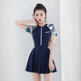 佑游泳衣女保守连体夏季遮肚显瘦游泳衣新款时尚海边大码性感温泉泳装 短袖裙裤 2XL (115-130斤)