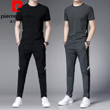 皮尔卡丹（pierre cardin）夏季运动休闲套装男士高端冰丝速干短袖T恤长裤潮流帅气搭配一套 黑色375(套装) 2XL 130(150斤