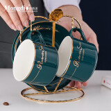 Mongdio陶瓷咖啡杯套装拿铁杯家用挂耳美式杯碟情侣杯碟 金边藏青(2杯2碟2勺+金架)