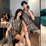 裴珂黛克（pinkdackeb）冰丝情侣睡衣女夏短袖时尚洋气韩版男士家居服薄款套装 卡其色 女M码(90-110斤)