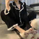 TULX春秋长袖韩版ins甜美荷叶边两件套装睡衣少女士家居服 开衫黑色花边-双长 L 【建议100-115斤】