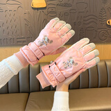 目丸滑雪手套女冬季可爱卡通保暖触屏户外骑行防风寒防水加绒加厚手套 2#浅粉色小熊