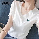 ZGWT轻奢高档品牌精品V领短袖T恤女夏季新款时尚百搭半袖上衣 V领 【白色蝴蝶】 2XL (125-135斤)