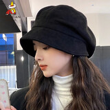 稻草人帽子女新款百搭麂皮绒贝雷帽日系大脸适合大头围显脸小八角帽洋气 黑色 均码