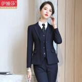 伊娅莎职业装女装套装两粒扣小西装外套女士长袖酒店经理工作服面试商务西服正装大学生时尚气质女神范工装 藏青西装+长裤 XL（建议110-120斤）