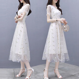 依伊纯裙子女夏仙女裙2024新款超仙收腰显瘦气质网纱刺绣碎花雪纺连衣裙 白色 XL 建议【110-120斤】