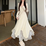 瑜尚臻品连衣裙女秋季薄款温柔风修身显瘦不规则裙摆长袖鱼尾内搭打底裙 【薄款杏色】 S（80-90斤）