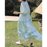 德玛纳【木耳边拼接齐地长裙】夏款领口系带晕染感印花连衣裙