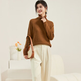 金菊【100%绵羊毛】秋冬高领堆堆领长袖打底毛衣女式羊毛衫 棕色 XL 